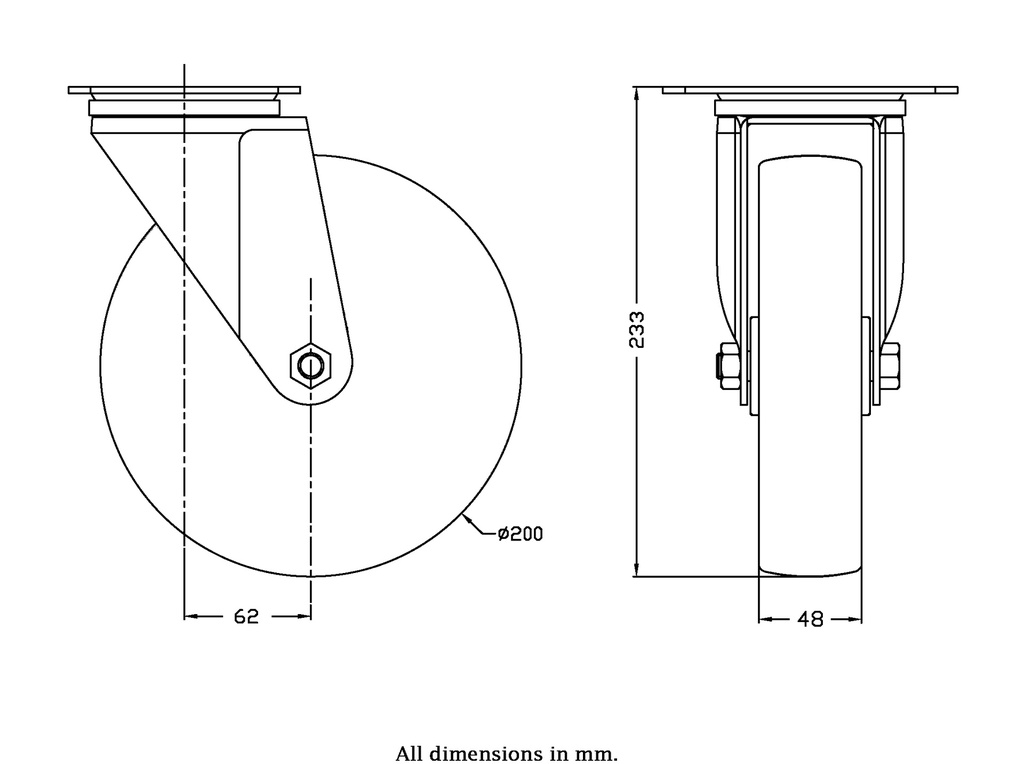 300 series 200mm swivel top plate 140x110mm castor with nylon roller bearing wheel 350kg