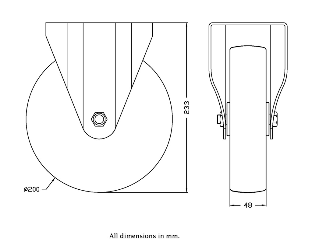 300 series 200mm fixed top plate 146x107mm castor with nylon roller bearing wheel 350kg - Castor drawing