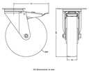 300 series 200mm swivel/brake top plate 140x110mm castor with nylon roller bearing wheel 350kg - Castor drawing