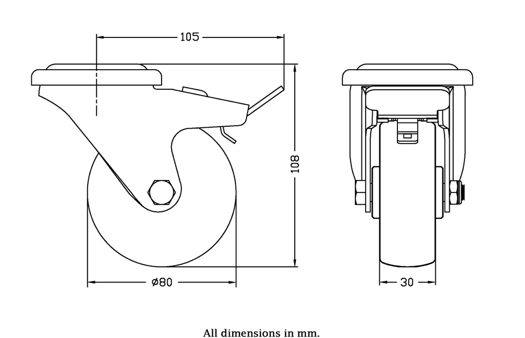 300 series 80mm swivel/brake bolt hole 10,5mm castor with polypropylene roller bearing wheel 120kg - Castor dimensions