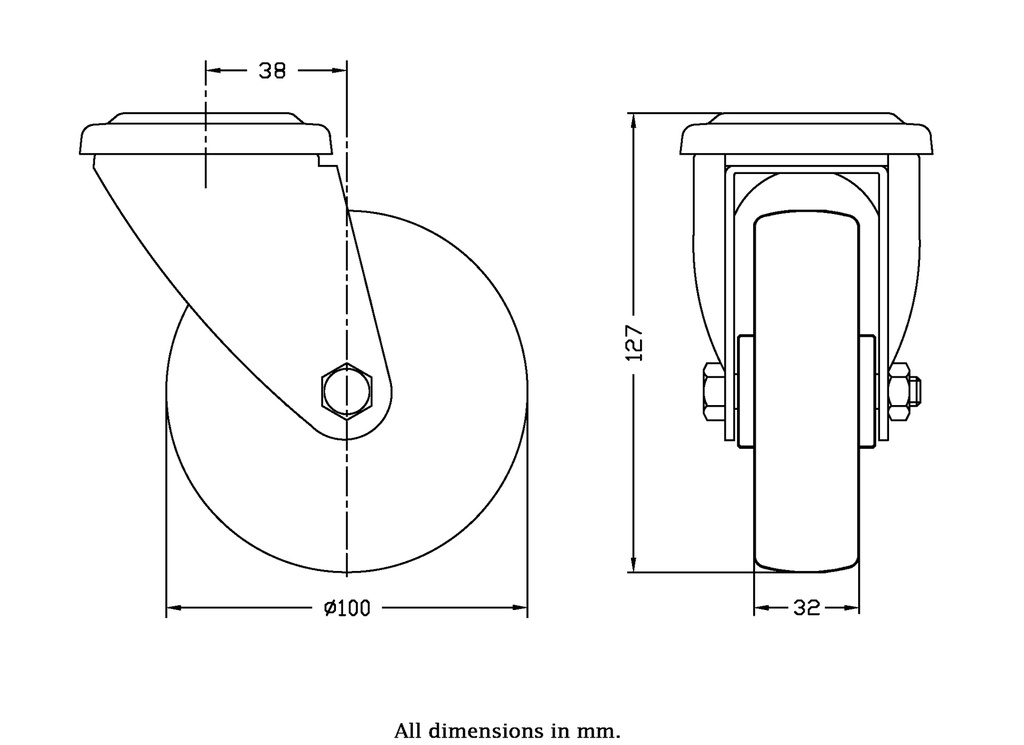 300 series 100mm swivel bolt hole 10,5mm castor with polypropylene roller bearing wheel 150kg - Castor dimensions