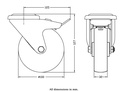 300 series 100mm swivel/brake bolt hole 10,5mm castor with polypropylene roller bearing wheel 150kg - Castor dimensions