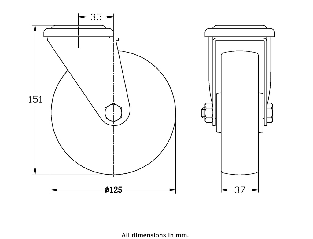 300 series 125mm swivel bolt hole 10,5mm castor with polypropylene roller bearing wheel 170kg - Castor dimensions