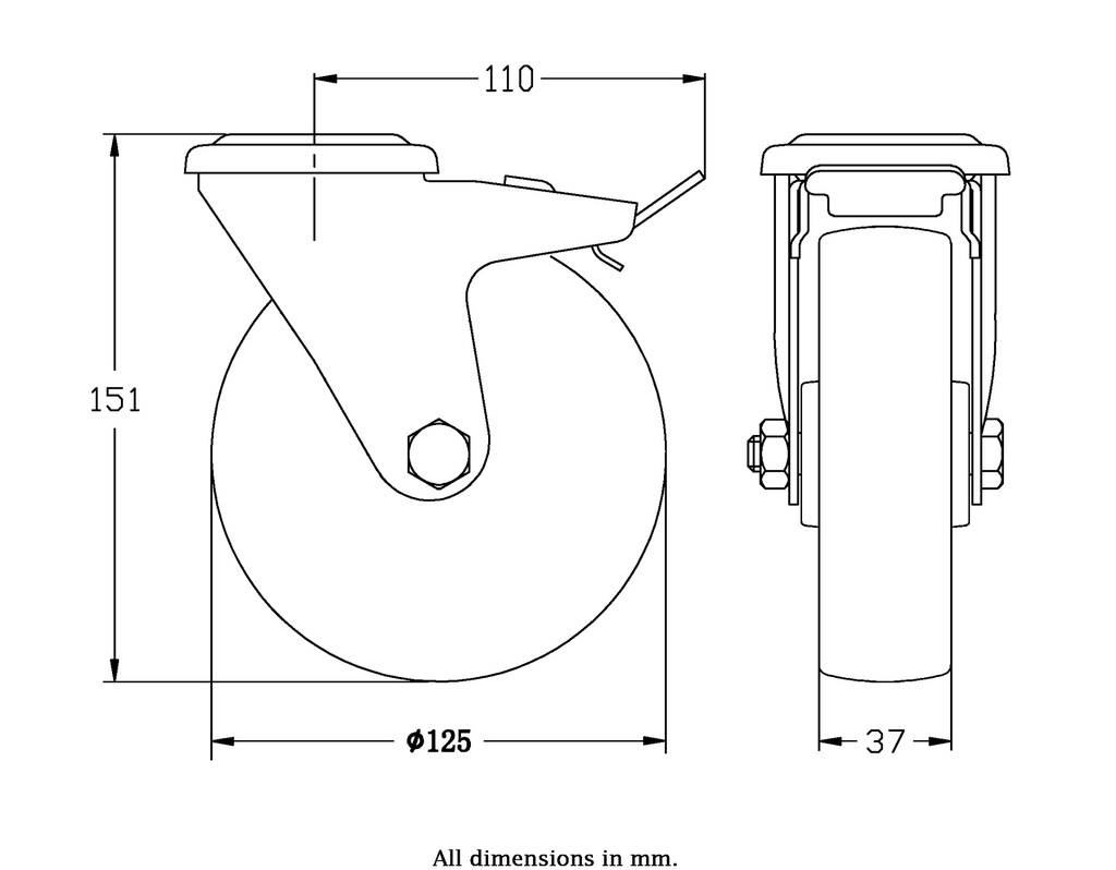 300 series swivel/brake castor 125mm polypropylene bolt hole 10,5mm roller bearing 170kg - Castor dimensions