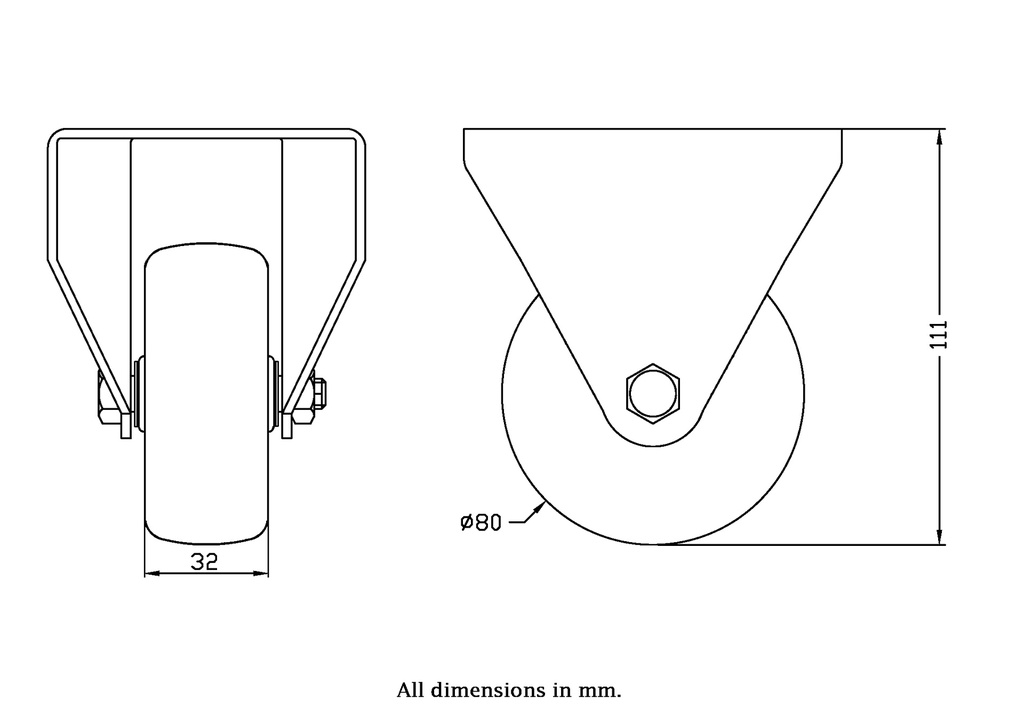 300 series 80mm fixed top plate 100x84mm castor with electrically conductive grey TPR-rubber on polypropylene centre plain bearing wheel 65kg - Castor drawing