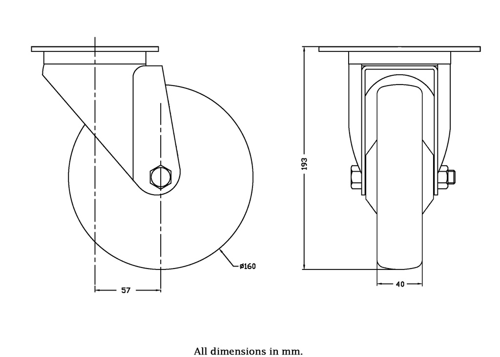 300 series 160mm swivel top plate 140x110mm castor with electrically conductive grey polyurethane on nylon centre additional sealed single ball bearing wheel 260kg - Castor drawing