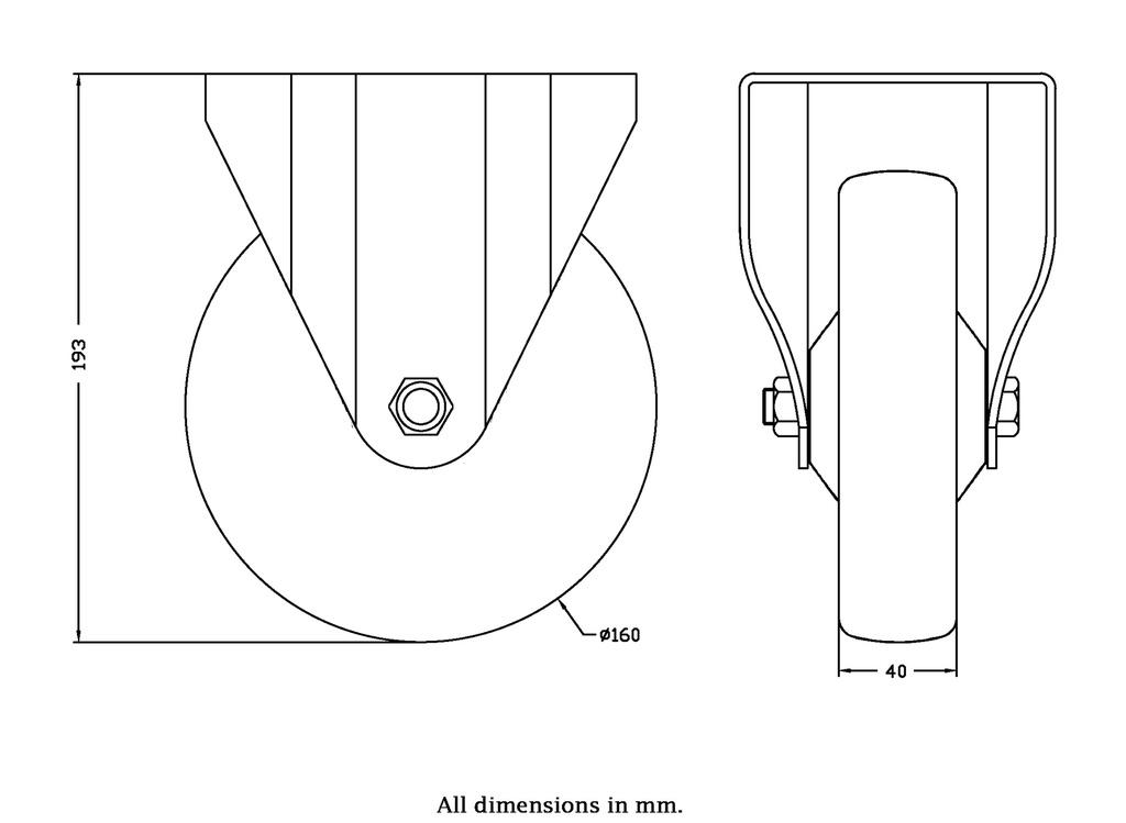 300 series 160mm fixed top plate 140x110mm castor with electrically conductive grey polyurethane on nylon centre additional sealed single ball bearing wheel 260kg - Castor drawing