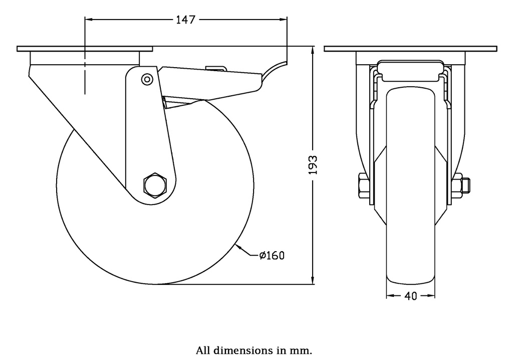 300 series 160mm swivel/brake top plate 140x110mm castor with electrically conductive grey polyurethane on nylon centre additional sealed single ball bearing wheel 260kg - Castor drawing