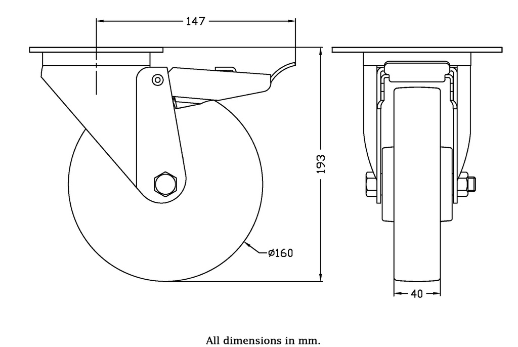 300 series 160mm swivel/brake top plate 140x110mm castor with electrically conductive grey polyurethane on nylon centre ball bearing wheel 350kg - Castor drawing
