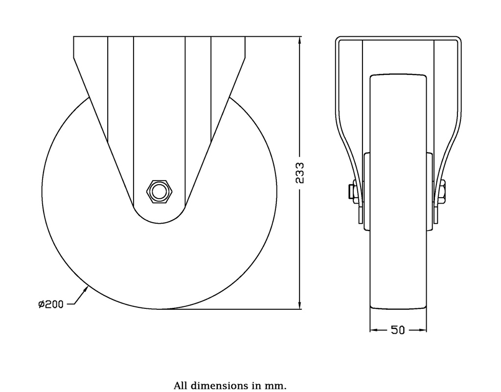 300 series 200mm fixed top plate 146x107mm castor with electrically conductive grey polyurethane on nylon centre ball bearing wheel 350kg - Castor drawing