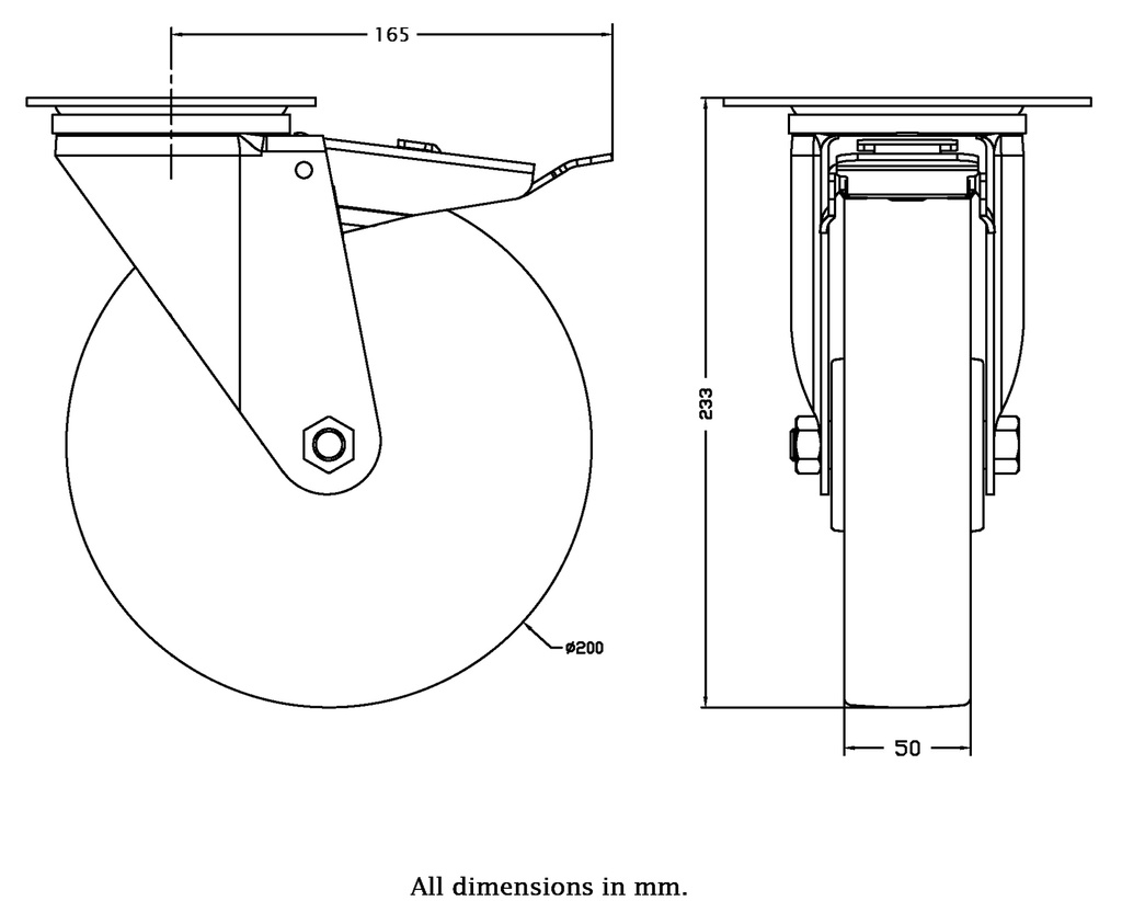 300 series 200mm swivel/brake top plate 140x110mm castor with electrically conductive grey polyurethane on nylon centre ball bearing wheel 350kg - Castor drawing