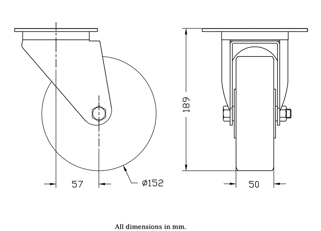 300 series 152mm swivel top plate 140x110mm castor with polyurethane on cast iron centre ball bearing wheel 350kg - Castor drawing