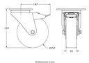 300 series 152mm swivel/brake top plate 140x110mm castor with polyurethane on cast iron centre ball bearing wheel 350kg - Castor drawing