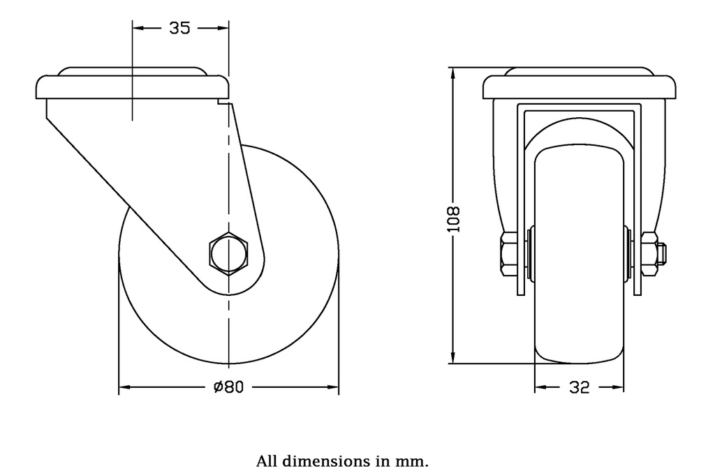 300 series 80mm swivel bolt hole 10,5mm castor with electrically conductive grey TPR-rubber on polypropylene centre plain bearing wheel 65kg - Castor dimensions