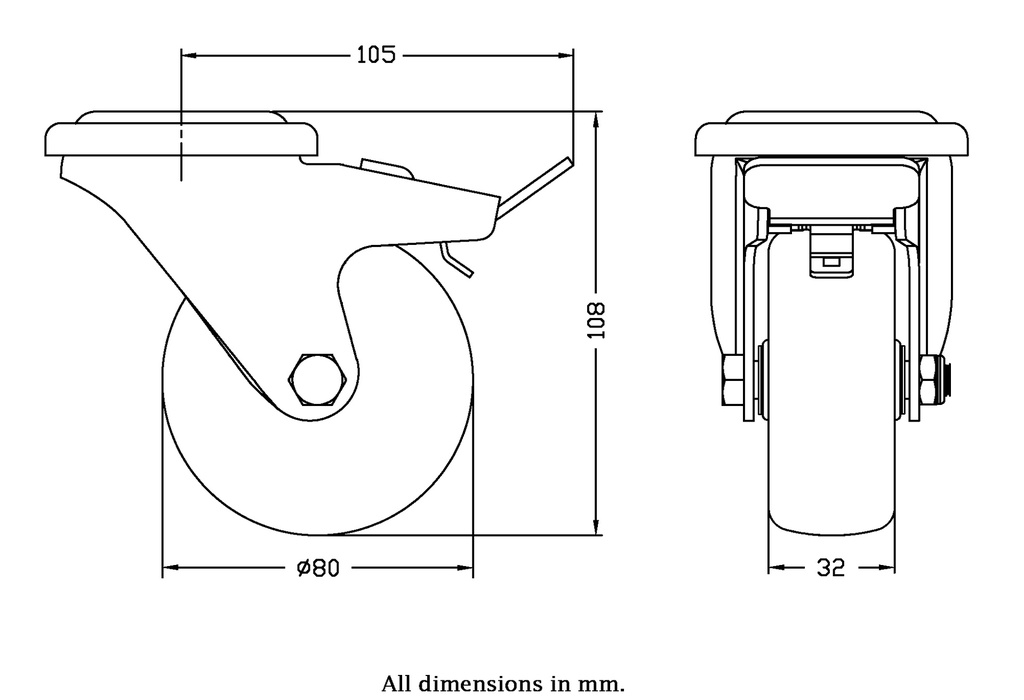 300 series 80mm swivel/brake bolt hole 10,5mm castor with electrically conductive grey TPR-rubber on a polypropylene centre plain bearing wheel 65kg - Castor dimensions