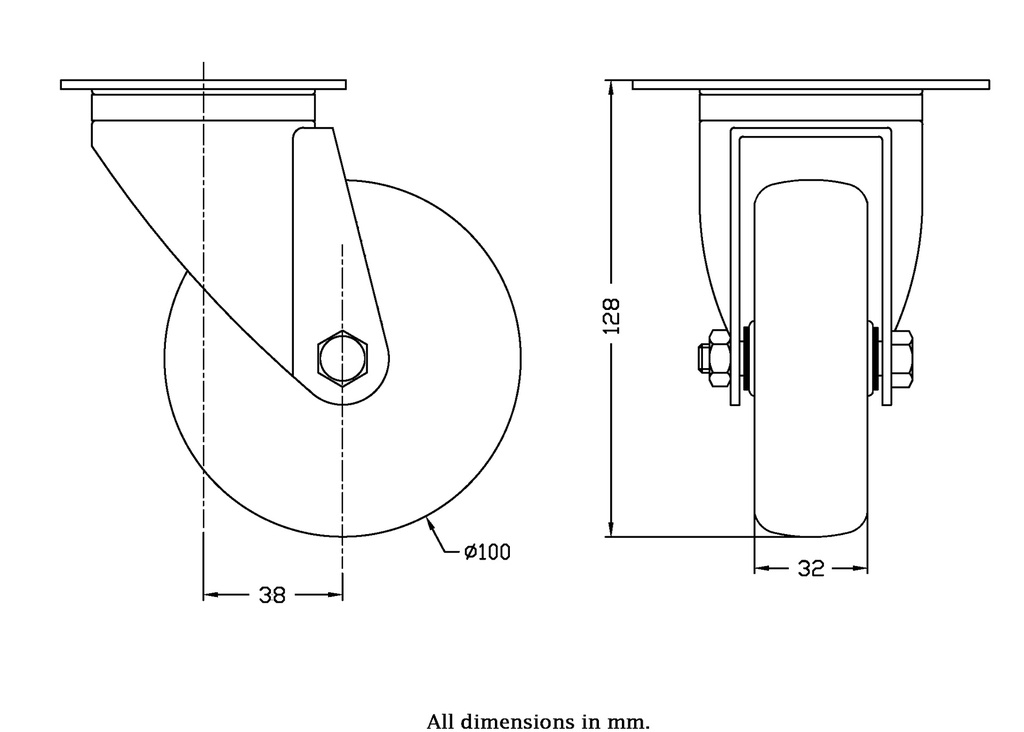 300 series 100mm swivel top plate 100x80mm castor with electrically conductive grey TPR-rubber on polypropylene centre plain bearing wheel 70kg - Castor drawing