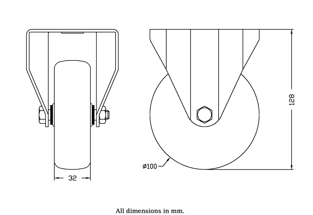 300 series 100mm fixed top plate 100x84mm castor with electrically conductive grey TPR-rubber on polypropylene centre plain bearing wheel 70kg -  Castor drawing