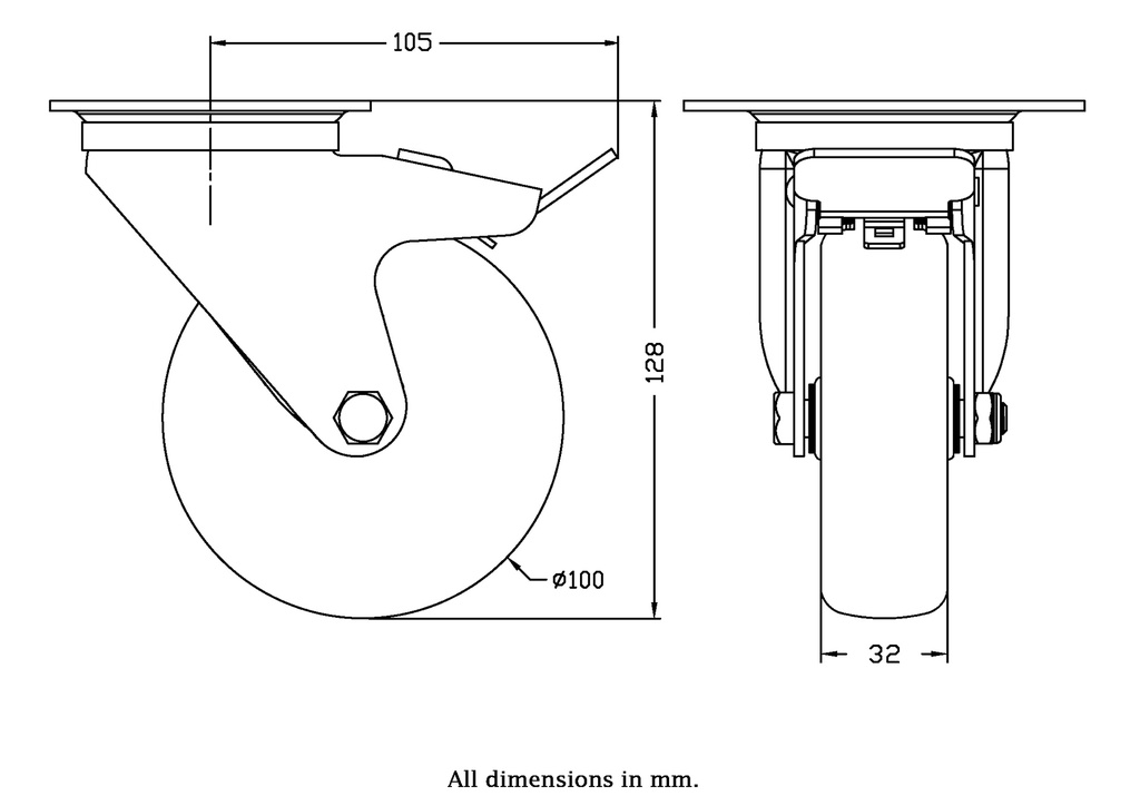300 series 100mm swivel/brake top plate 100x80mm castor with electrically conductive grey TPR-rubber on polypropylene centre plain bearing wheel 70kg - Castor drawing