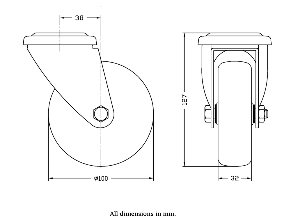 300 series 100mm swivel bolt hole 10,5mm castor with electrically conductive grey TPR-rubber on polypropylene centre plain bearing wheel 70kg - Castor dimensions
