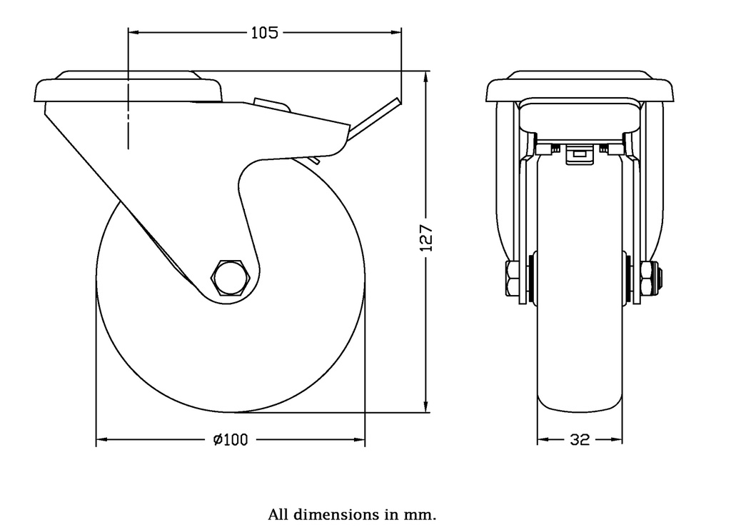 300 series 100mm swivel/brake bolt hole 10,5mm castor with electrically conductive grey TPR-rubber on a polypropylene centre plain bearing wheel 70kg - Castor dimensions