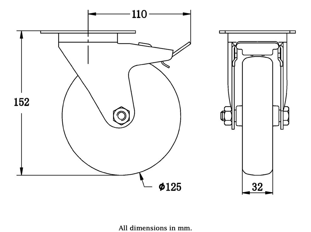 300 series 125mm swivel/brake top plate 100x80mm castor with electrically conductive grey TPR-rubber on polypropylene centre plain bearing wheel 80kg - Castor drawing