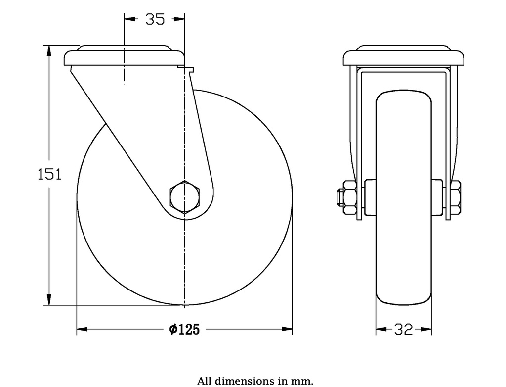 300 series 125mm swivel bolt hole 10,5mm castor with electrically conductive grey TPR-rubber on polypropylene centre plain bearing wheel 80kg - Castor dimensions