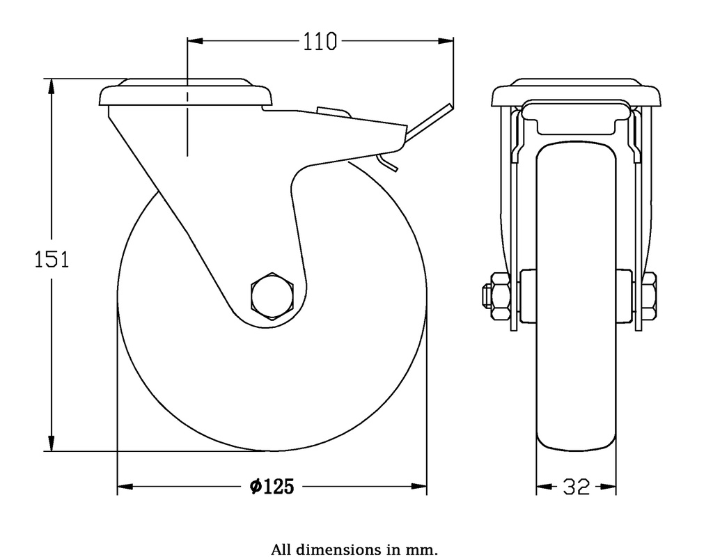 300 series 125mm swivel/brake bolt hole 10,5mm castor with electrically conductive grey TPR-rubber on polypropylene centre plain bearing wheel 80kg - Castor dimensions