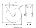 300 series 125mm swivel/brake bolt hole 10,5mm castor with electrically conductive grey TPR-rubber on polypropylene centre plain bearing wheel 80kg - Castor dimensions