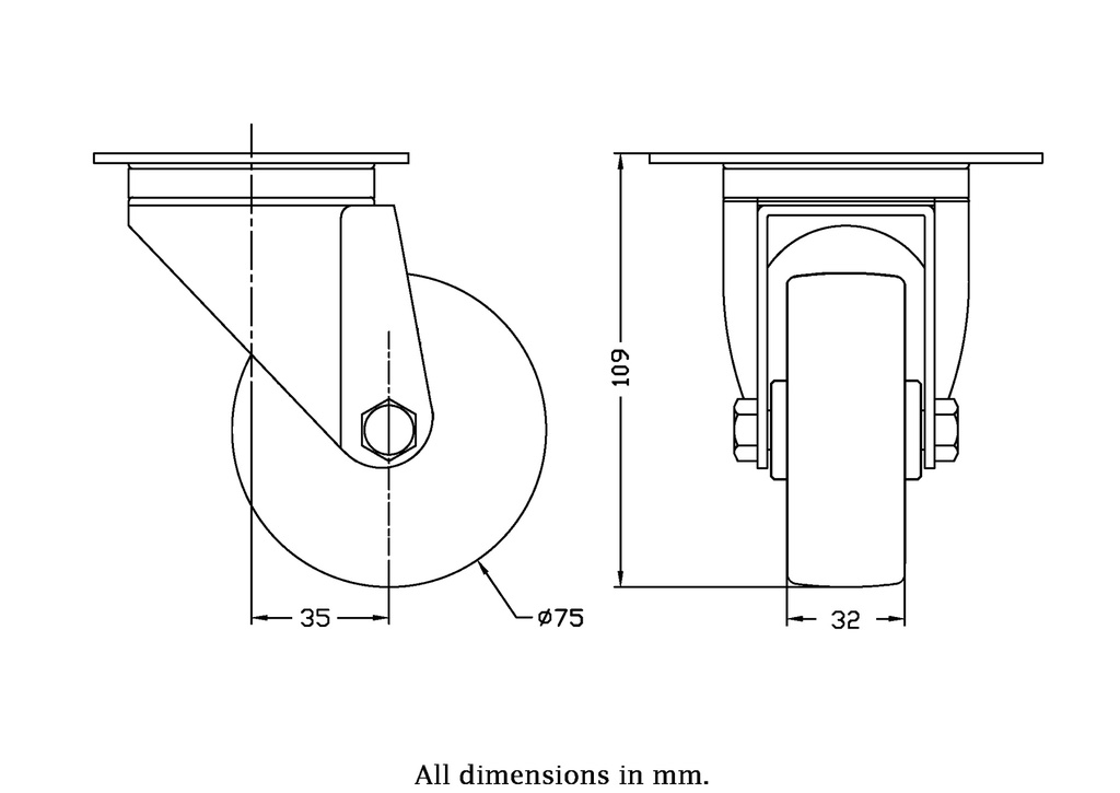 300 series 75mm swivel top plate 100x80mm castor with cast iron plain bearing wheel 170kg - Castor drawing