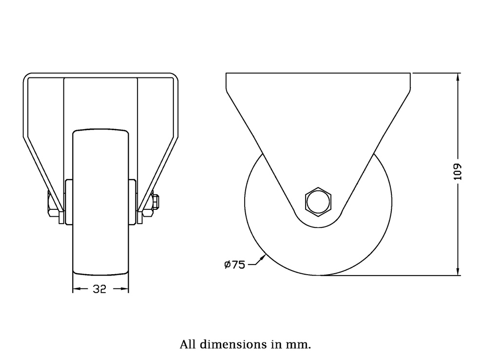 300 series 75mm fixed top plate 100x84mm castor with cast iron plain bearing wheel 170kg - Castor drawing