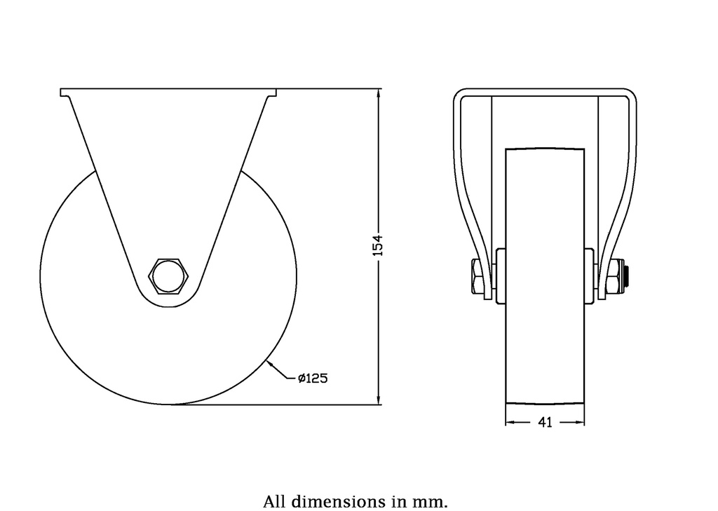 322 series 125mm fixed top plate 105x88mm castor with cast iron plain bearing wheel 280kg - Castor drawing