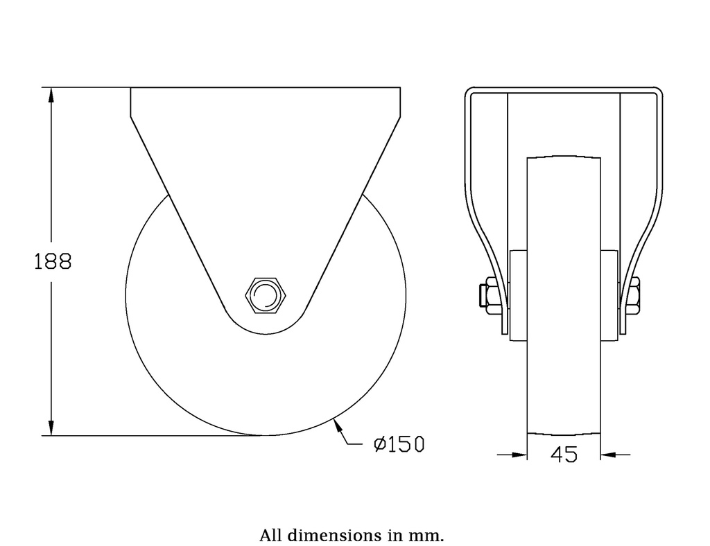 300 series 150mm fixed top plate 146x107mm castor with cast iron roller bearing wheel 350kg - Castor drawing