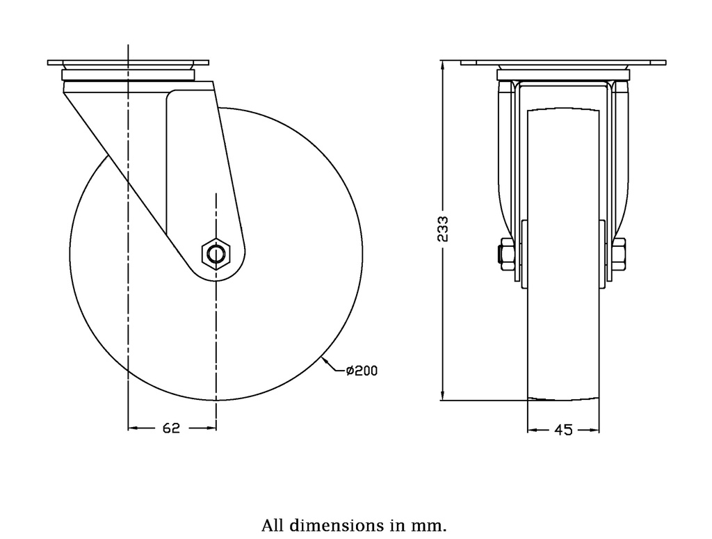 300 series 200mm swivel top plate 140x110mm castor with cast iron roller bearing wheel 350kg - Castor drawing