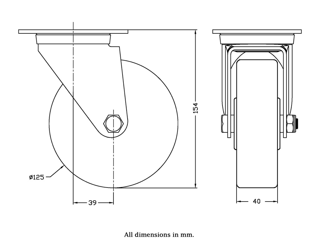 322 series 125mm swivel top plate 106x86mm castor with polyurethane on cast iron centre ball bearing wheel 280kg - Castor drawing