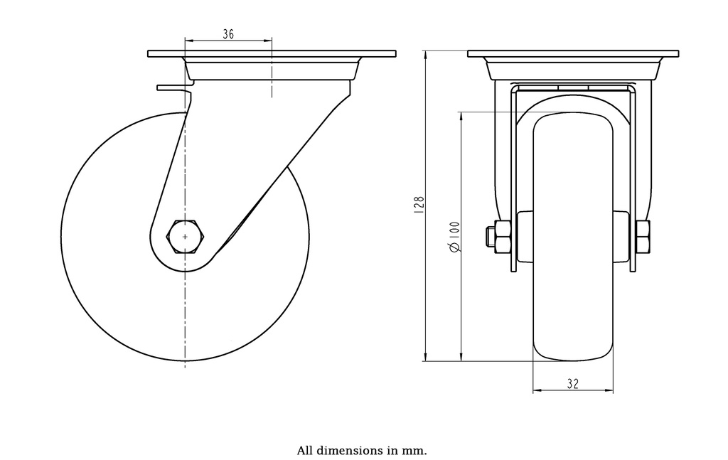 300SS series 100mm stainless steel swivel top plate 100x85mm castor with grey TPR-rubber on polypropylene centre plain bearing wheel 110kg - Castor drawing