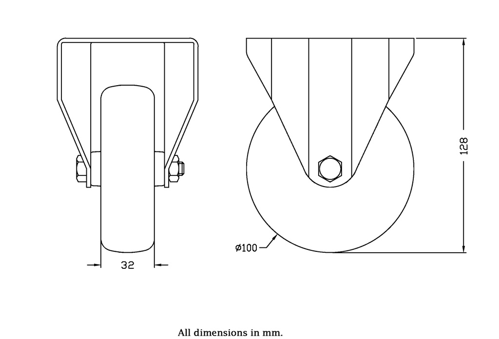 300SS series 100mm stainless steel fixed top plate 100x84mm castor with grey TPR-rubber on polypropylene centre plain bearing wheel 110kg - Castor drawing