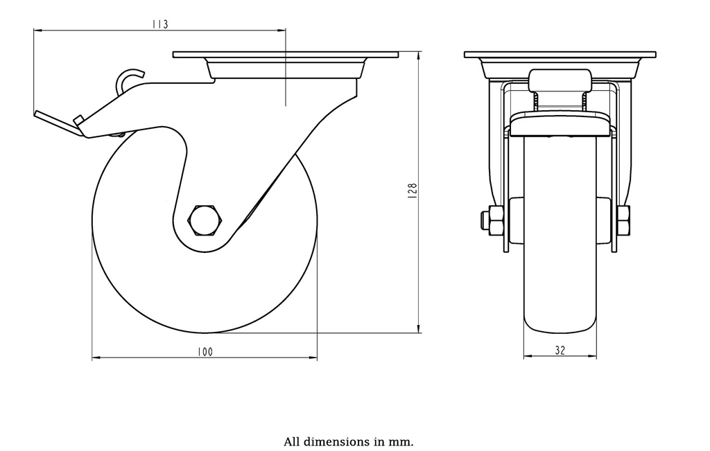 300SS series 100mm stainless steel swivel/brake top plate 100x85mm castor with grey TPR-rubber on polypropylene centre plain bearing wheel 110kg - Castor drawing
