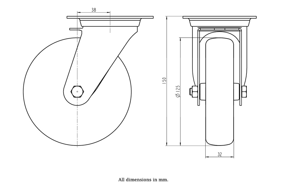 300SS series 125mm stainless steel swivel top plate 100x85mm castor with grey TPR-rubber on polypropylene centre plain bearing wheel 125kg - Castor drawing
