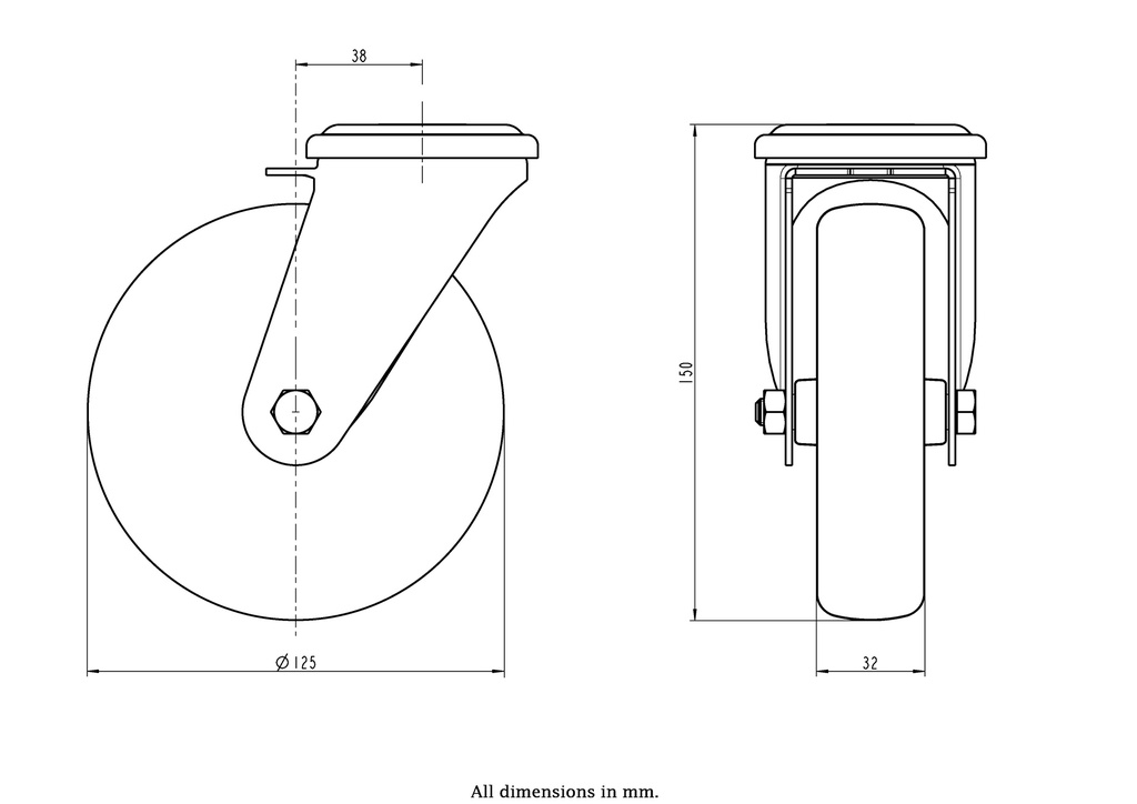 300SS series 125mm stainless steel swivel bolt hole 12mm castor with grey TPR-rubber on polypropylene centre plain bearing wheel 125kg - Castor drawing