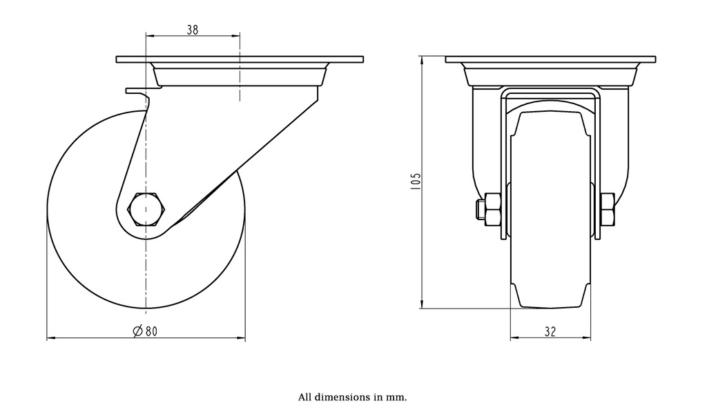 300SS series 80mm stainless steel swivel top plate 100x85mm castor with blue elastic rubber on nylon centre plain bearing wheel 140kg - Castor drawing