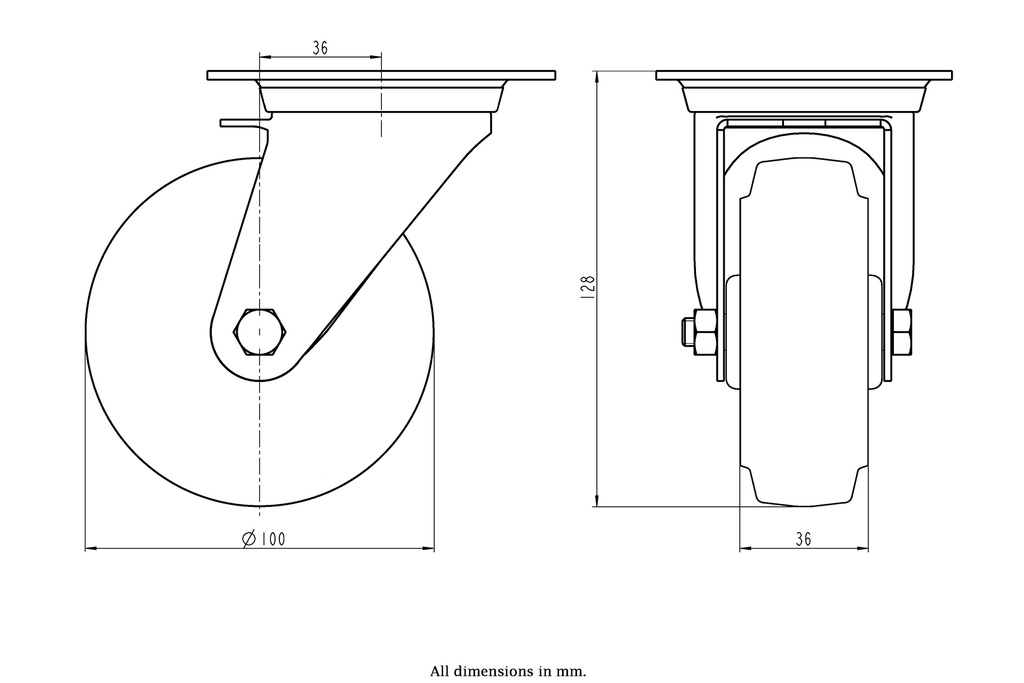 300SS series 100mm stainless steel swivel top plate 100x85mm castor with blue elastic rubber on nylon centre plain bearing wheel 150kg - Castor drawing