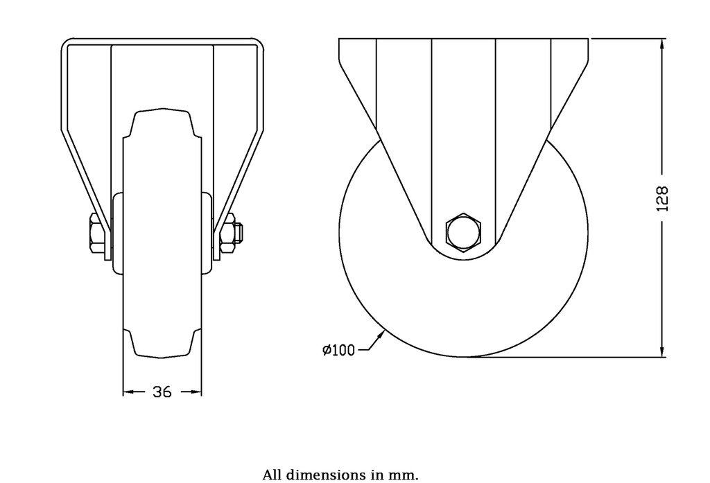 300SS series 100mm stainless steel fixed top plate 100x84mm castor with blue elastic rubber on nylon centre plain bearing wheel 150kg - Castor drawing