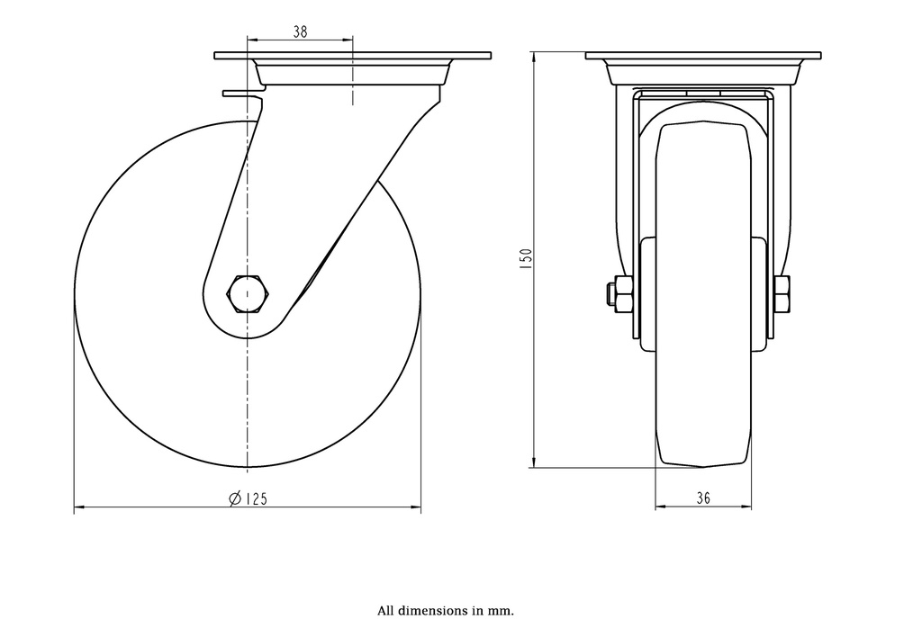 300SS series 125mm stainless steel swivel top plate 100x85mm castor with blue elastic rubber on nylon centre stainless steel roller bearing wheel 150kg - Castor drawing