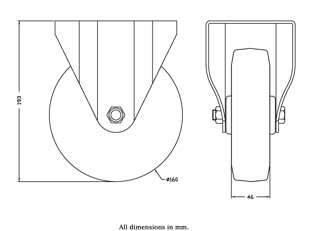 300SS series 160mm stainless steel fixed top plate 138x116mm castor with blue elastic rubber on nylon centre stainless steel roller bearing wheel 300kg - Castor drawing