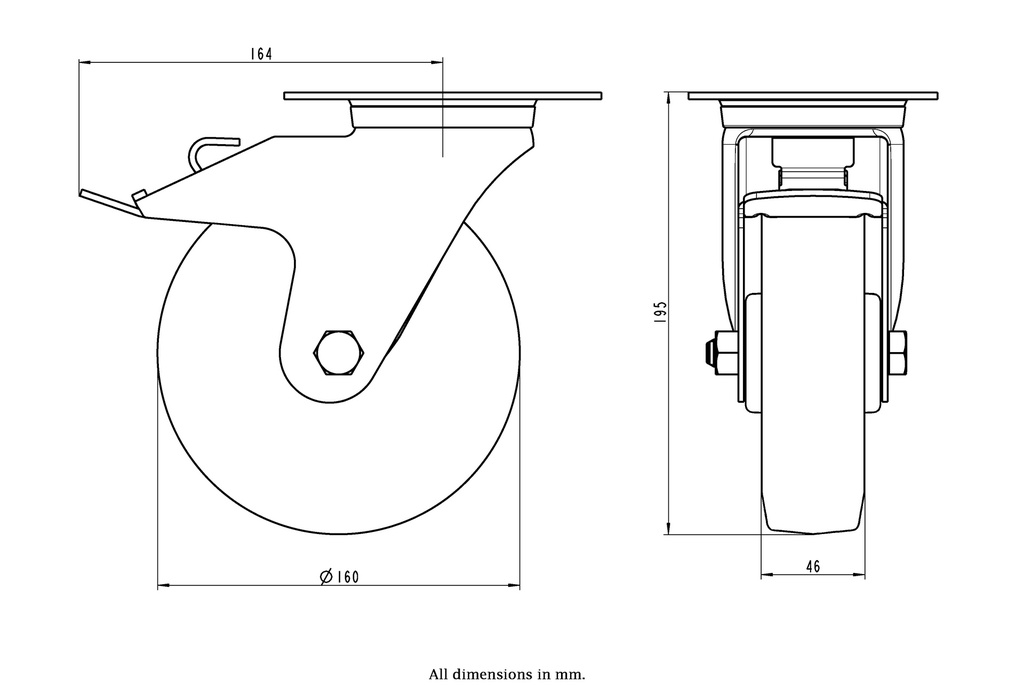 300SS series 160mm stainless steel swivel/brake top plate 140x110mm castor with blue elastic rubber on nylon centre stainless steel roller bearing wheel 300kg - Castor drawing