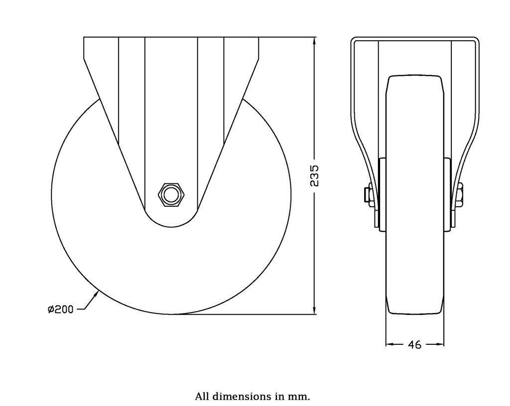 300SS series 200mm stainless steel fixed  top plate 138x116mm castor with blue elastic rubber on nylon centre stainless steel roller bearing wheel 300kg - Castor drawing