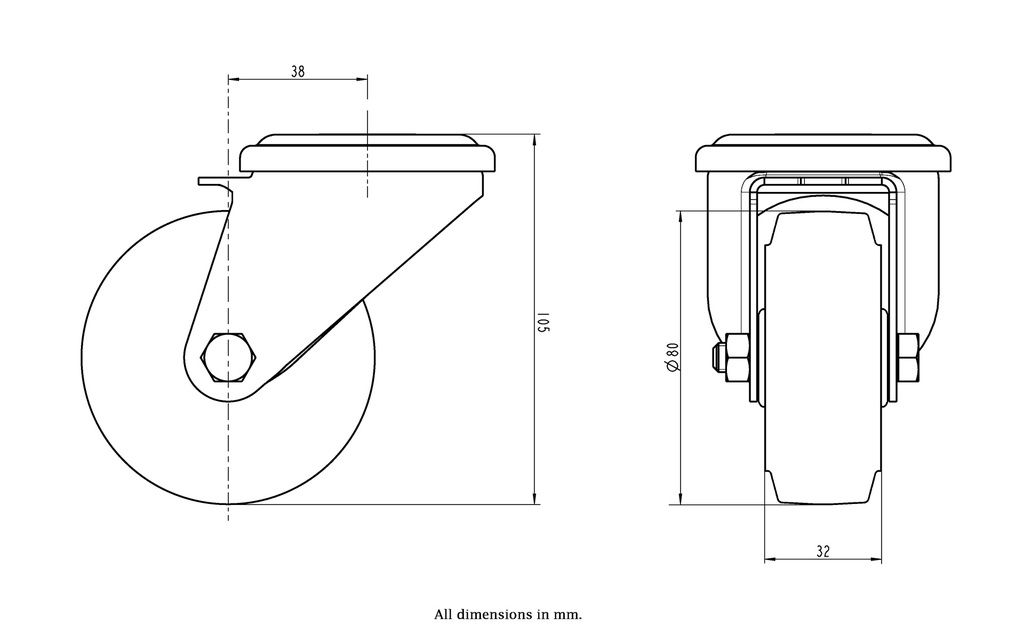 300SS series 80mm stainless steel swivel bolt hole 13mm castor with blue elastic rubber on nylon centre plain bearing wheel 140kg - Castor drawing