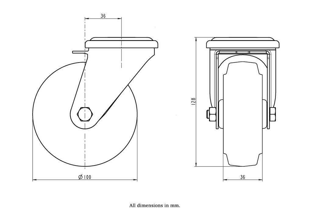 300SS series 100mm stainless steel swivel bolt hole 13mm castor with blue elastic rubber on nylon centre plain bearing wheel 150kg - Castor drawing