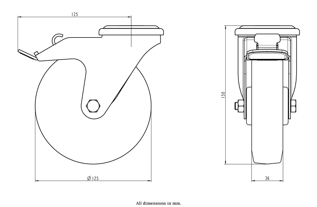 300SS series 125mm stainless steel swivel/brake bolt hole 13mm castor blue elastic rubber on nylon centre stainless steel roller bearing wheel 150kg - Dimensional guide