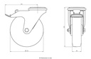 300SS series 125mm stainless steel swivel/brake bolt hole 13mm castor blue elastic rubber on nylon centre stainless steel roller bearing wheel 150kg - Dimensional guide